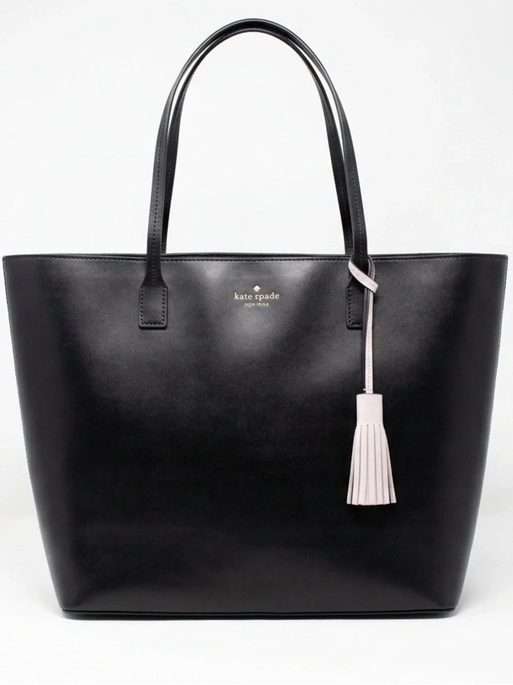 kate spade Black Leather Tote with Pink Tassel Accent
